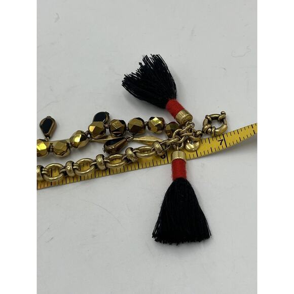 J. Crew Gold Tone Bronze Triple Strand Bracelet Dangles Black Red Tassel - Picture 9 of 11